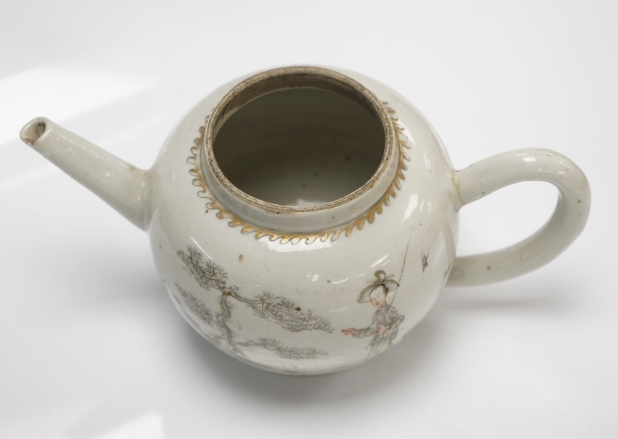 A mid 18th century Chinese ‘European subject’ teapot, lacking cover, 9cm tall. Condition - handle re-attached